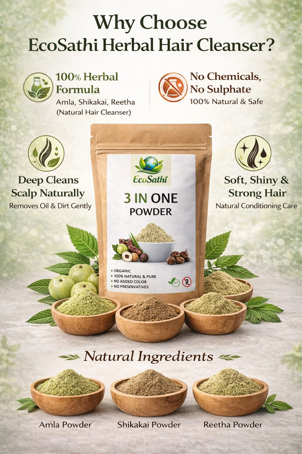 🌿 3 in 1 Herbal Hair Care Powder – Amla, Shikakai & Reetha
