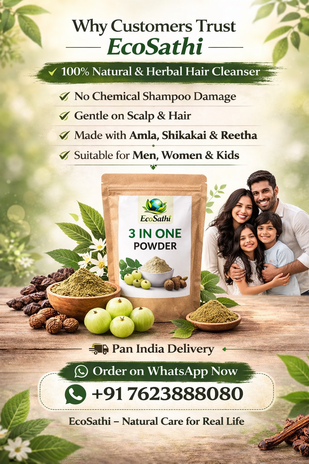 🌿 3 in 1 Herbal Hair Care Powder – Amla, Shikakai & Reetha